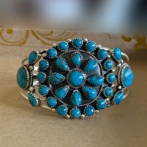 Natural Kingman Turquoise Sterling Flower Cuff Bracelet
